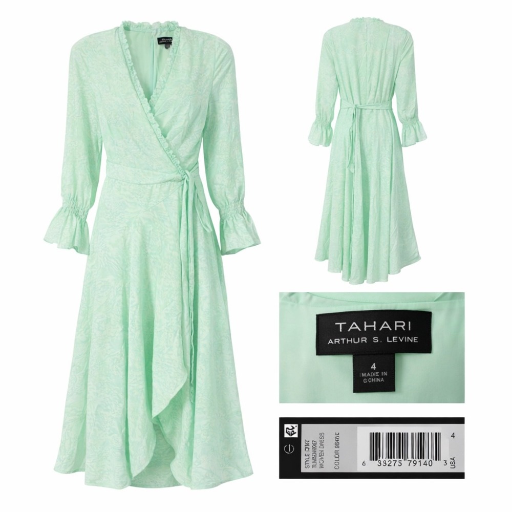 Tahari Arthur S Levine Mint Green Snake Wrap Dress Ruffle Midi Fairycore Sz 4